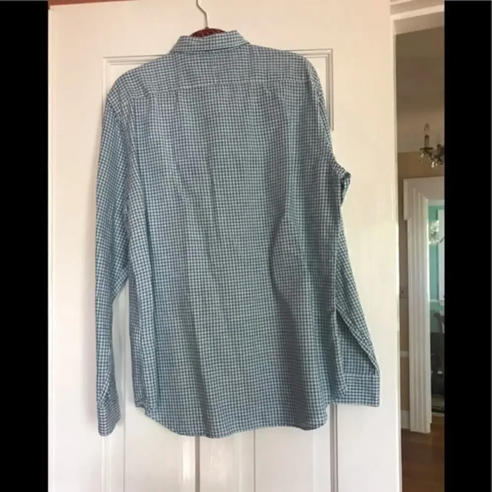 Banana Republic Slim Fit Blue & Green Plaid Linen Shirt Size Large